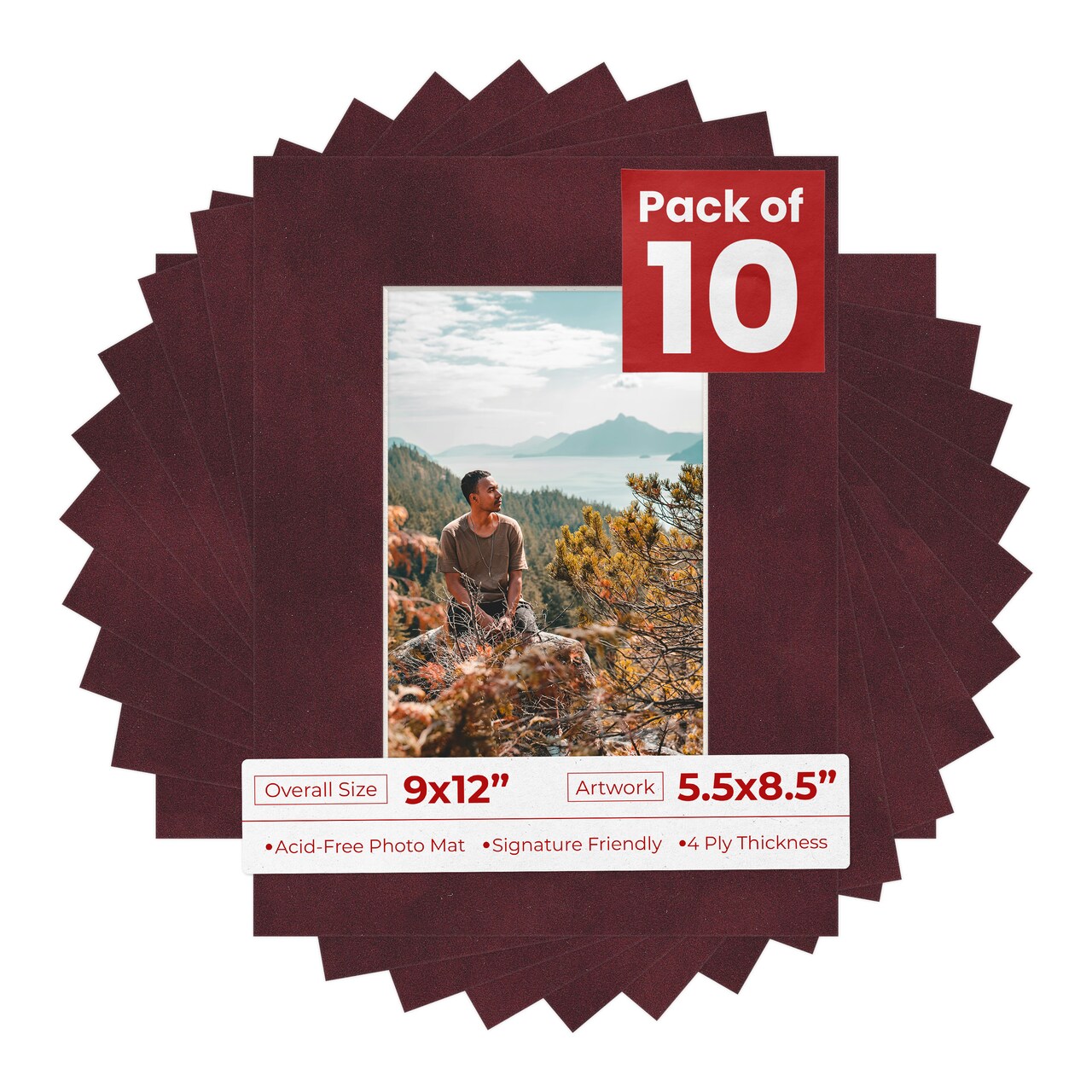 Dark Red Suede Mat Board for 9x12 Frames - Fits 5.5x8.5 Photos